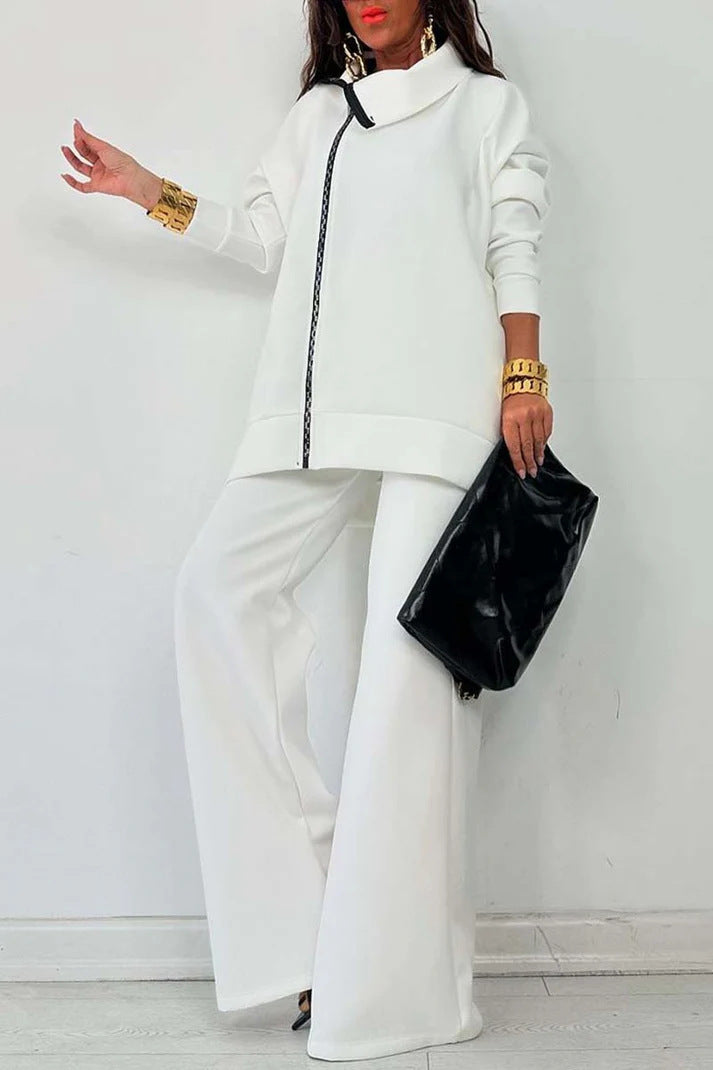 Casual Zipper Sweatshirt Wide Leg Pants Set