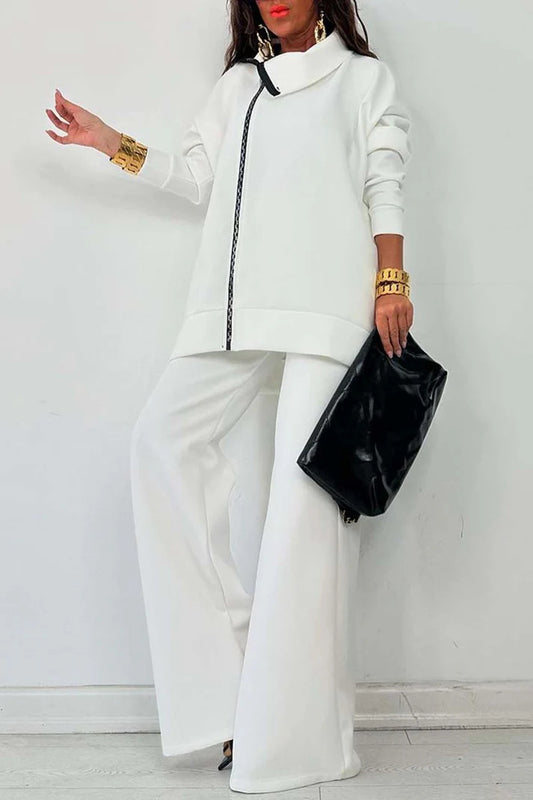 Casual Zipper Sweatshirt Wide Leg Pants Set
