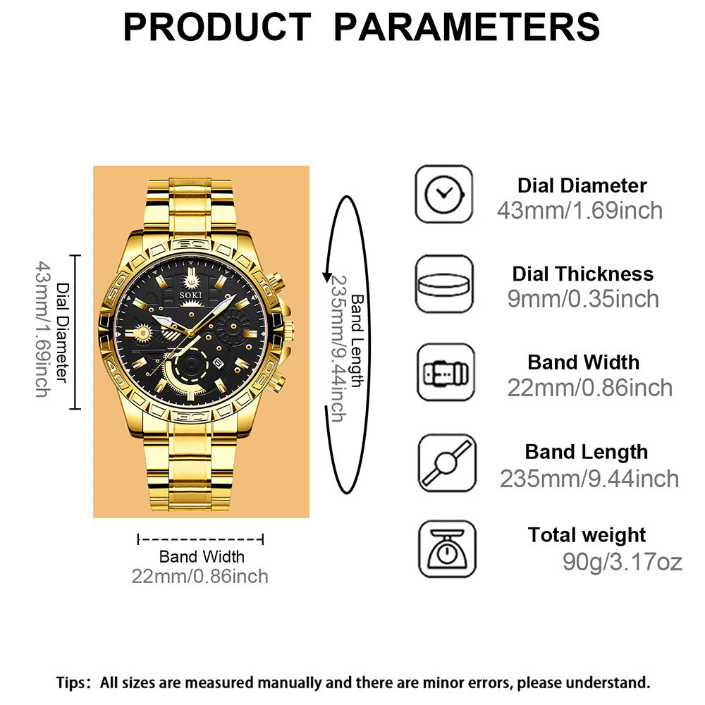 Men's Steel Belt Business Calendar Quartz Watch Suit