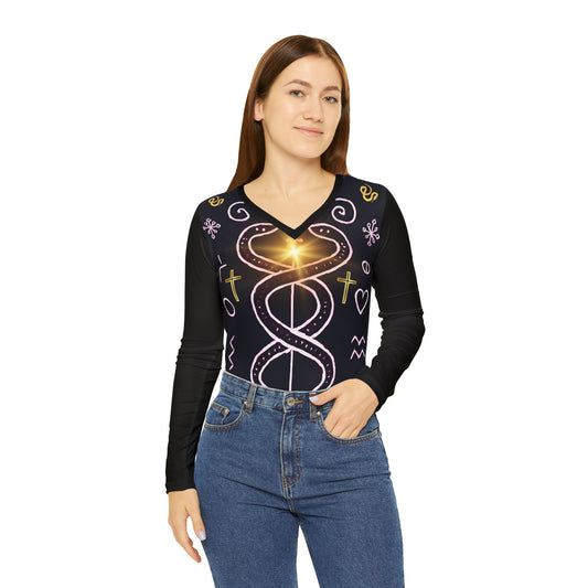 Magical Long Sleeve V-neck Shirt for Spiritual Souls, Boho Chic Top, Unique Rune Tee, Gifts for Her, Festival Wear, Astrology Shirt