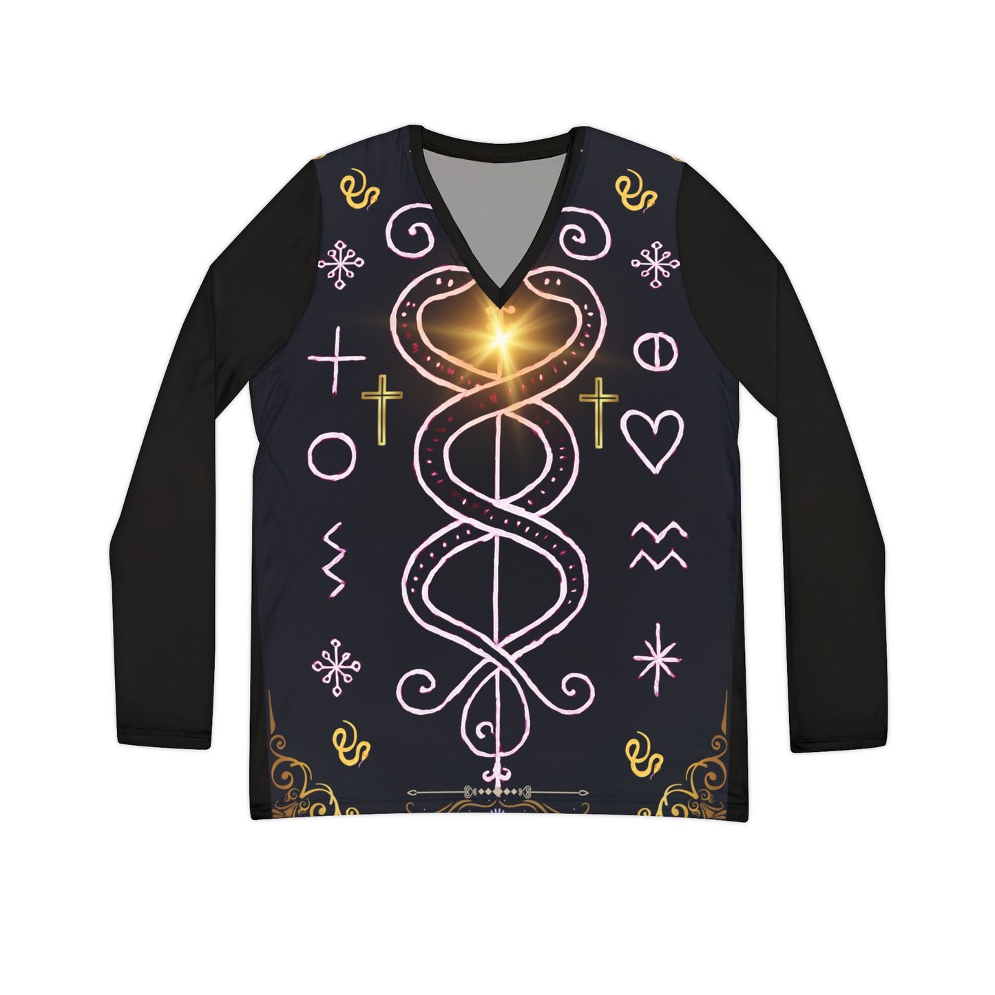 Magical Long Sleeve V-neck Shirt for Spiritual Souls, Boho Chic Top, Unique Rune Tee, Gifts for Her, Festival Wear, Astrology Shirt