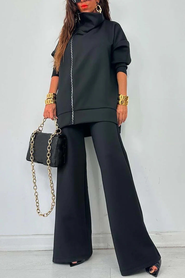 Casual Zipper Sweatshirt Wide Leg Pants Set