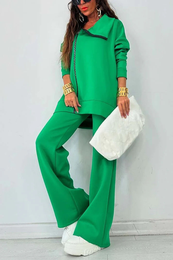Casual Zipper Sweatshirt Wide Leg Pants Set