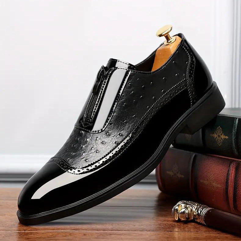 Ostrich Grain Embossed Zipper Pointed Plus Size Bright Leather Chelsea Men's Shoes