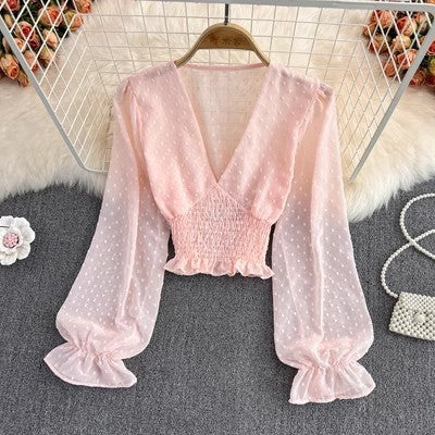 V-neck Cross Slim Fit Polka Dot Chiffon Shirt Western Style Waist-slimming Short