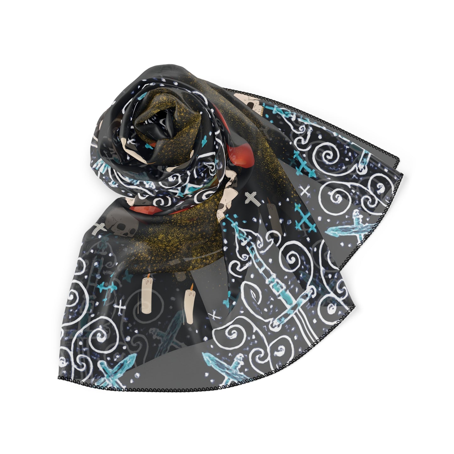 Mystical Skull Poly Scarf, Gothic Style Scarf, Festival Accessory, Boho Fashion, Unique Gift for Her, Halloween Attire