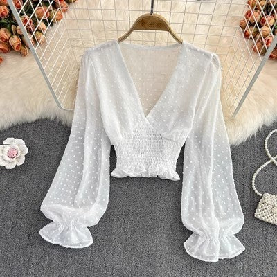 V-neck Cross Slim Fit Polka Dot Chiffon Shirt Western Style Waist-slimming Short