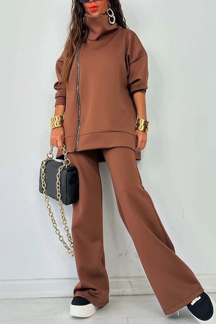 Casual Zipper Sweatshirt Wide Leg Pants Set