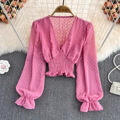 V-neck Cross Slim Fit Polka Dot Chiffon Shirt Western Style Waist-slimming Short