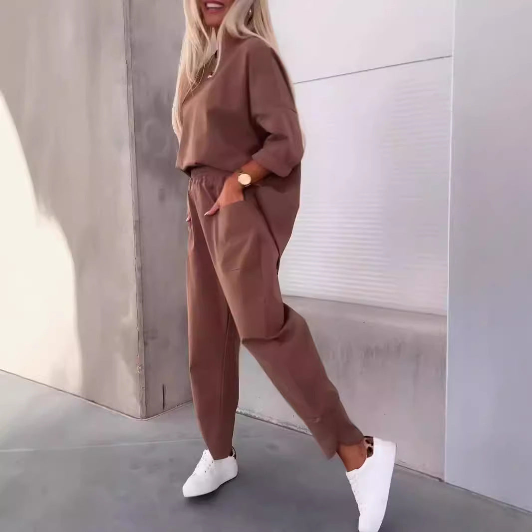 Two-piece Solid Color Round Neck Cropped Pants Set