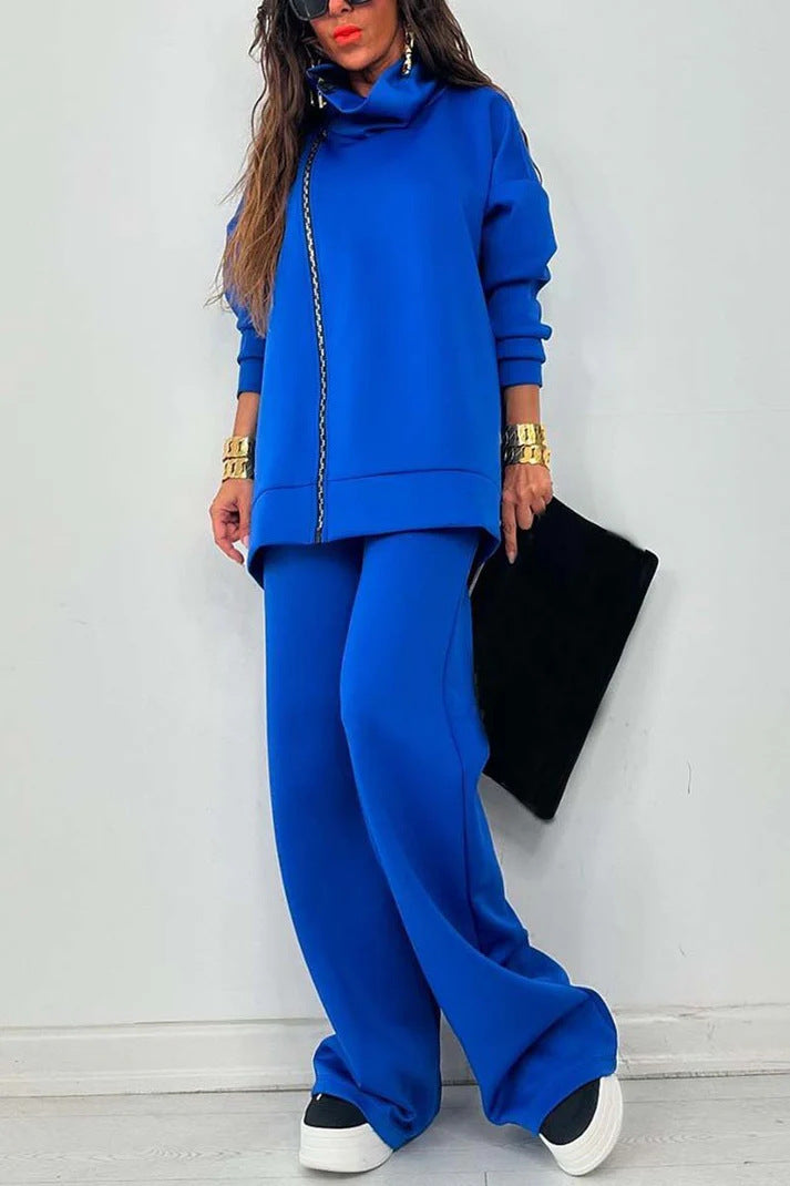 Casual Zipper Sweatshirt Wide Leg Pants Set