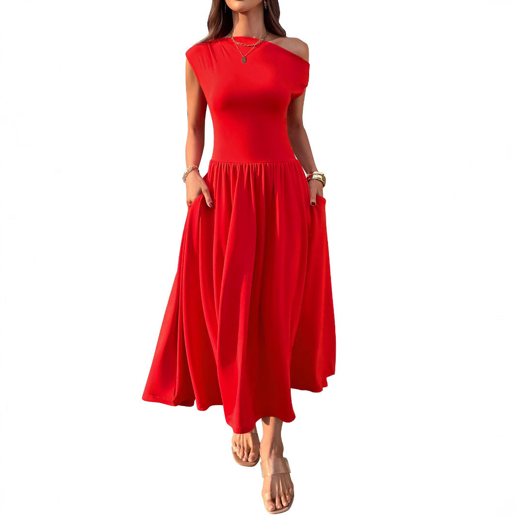 Slant Shoulder Sexy Waist Trimming Long With Pocket Dress