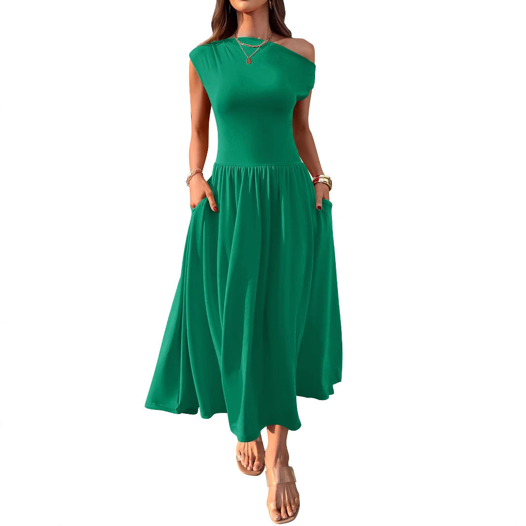 Slant Shoulder Sexy Waist Trimming Long With Pocket Dress